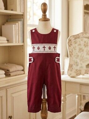 Rylee Faith Designs Dark Red Smocked Christening Bishop Romper